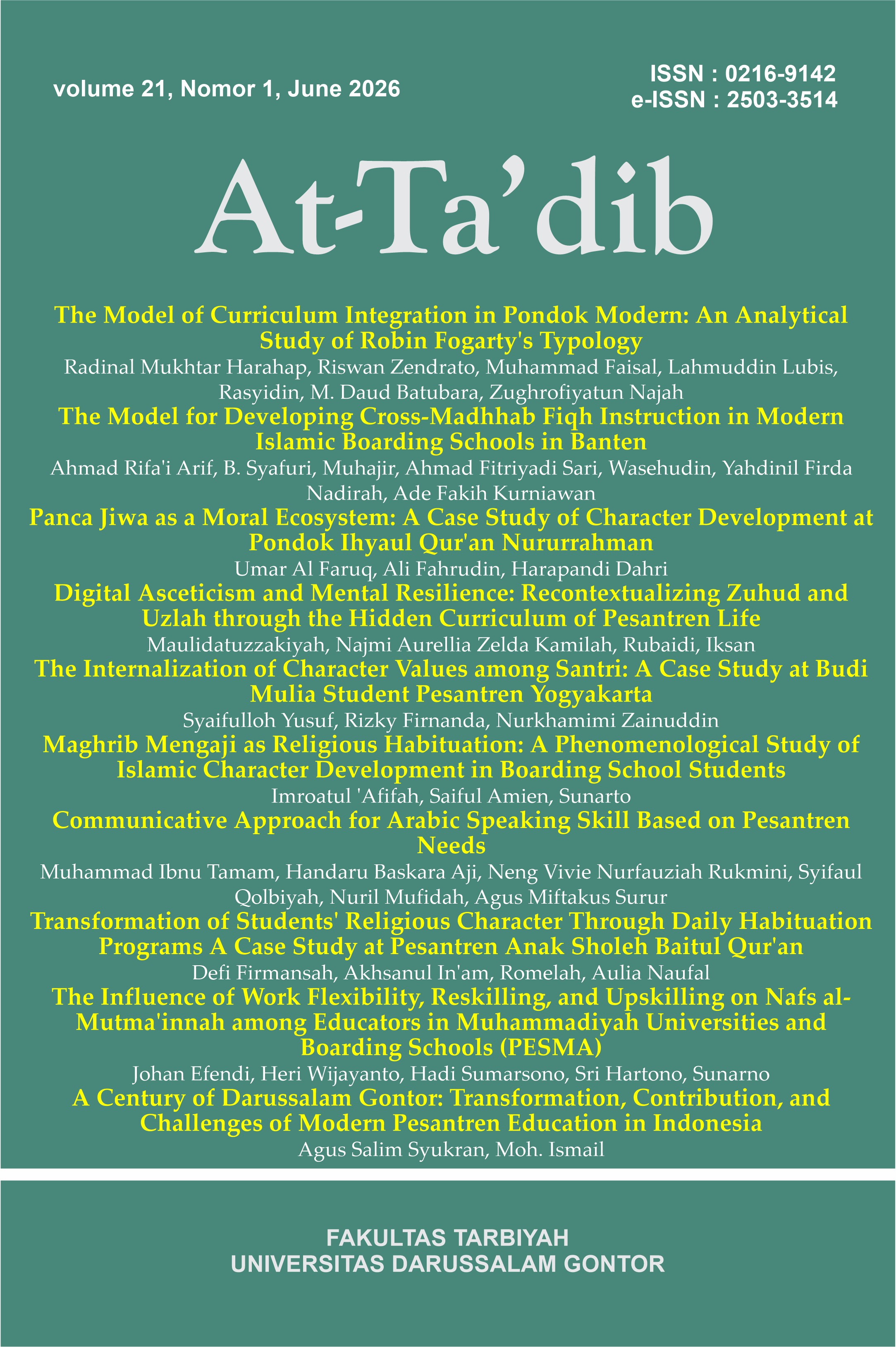 					View Vol. 21 No. 1 (2026): At-Ta'dib: Journal of Pesantren Education
				